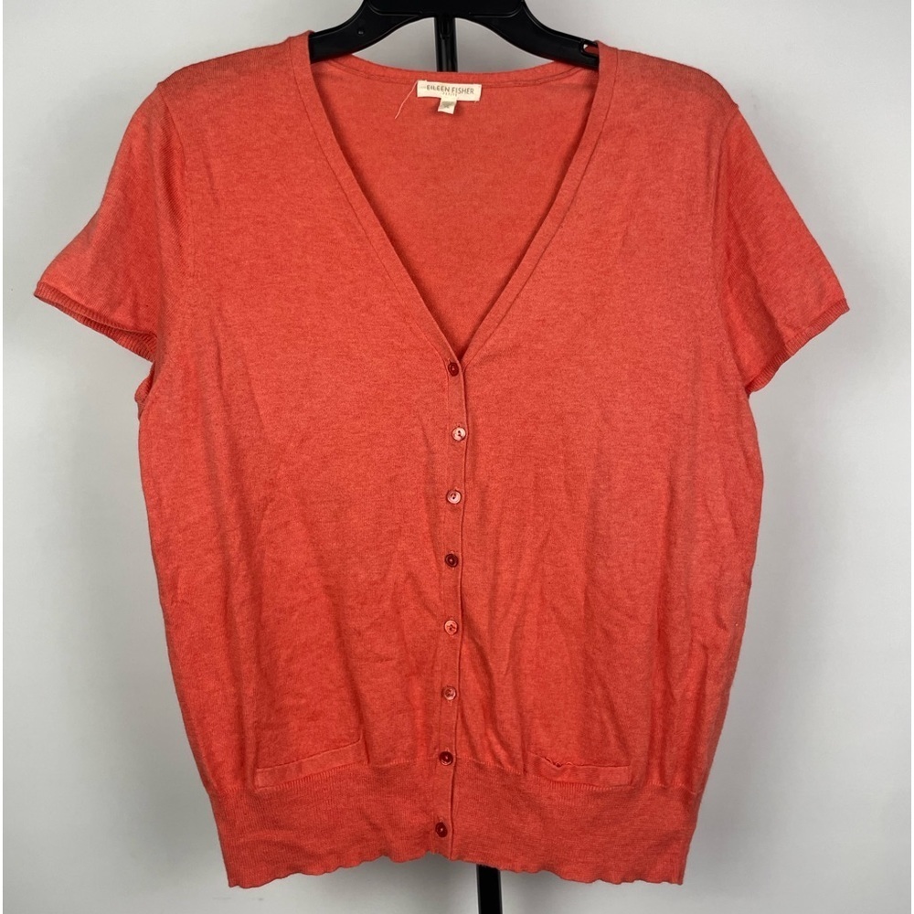 Eileen Fisher Coral Cotton Cashmere Short‎ Sleeve V-Neck Knit Cardigan Sweater